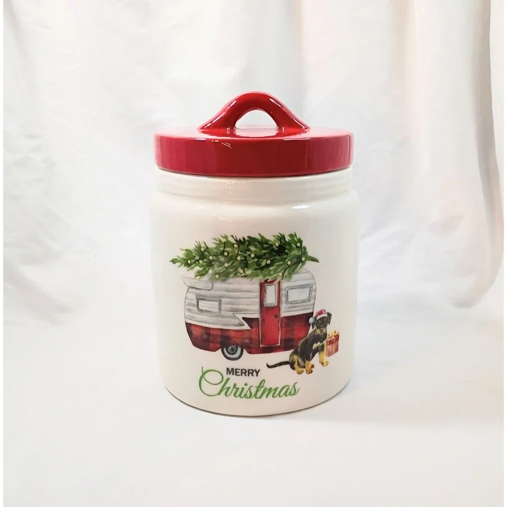 Merry Christmas Cookie Jar/Canister With Red And White Camper And Dog